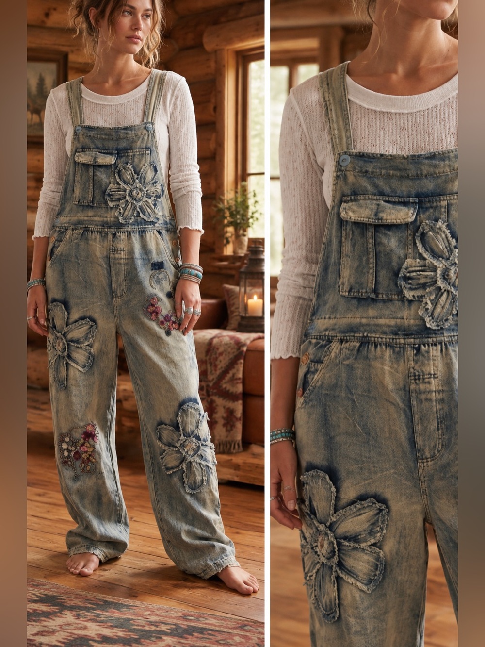 Blue Velvet Flower Patchwork Embroidered Denim Floral Appliqué Overalls Boho Fes